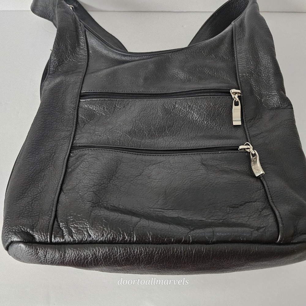 VTG Carroll Leather Hobo Bag Black Soft  12" Branded Zip Pockets Bohemian